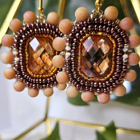 2/$27 | Orange and Bronze Shield Beaded Indigenous Hoop Earrings | Handmade - Picture 1 of 7